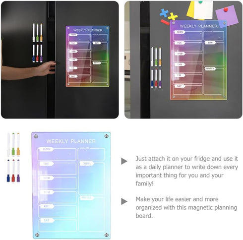 MAGICLULU Magnetic Fridge Calendar, Iridescent Clear Acrylic Dry Erase Board, Reusable Weekly Planner with Markers
