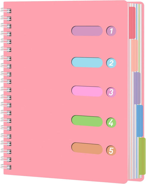 College Ruled Notebook A4, Pink Spiral Notebook with Dividers, 5 Subject Hardcover Notebook for School Note Taking