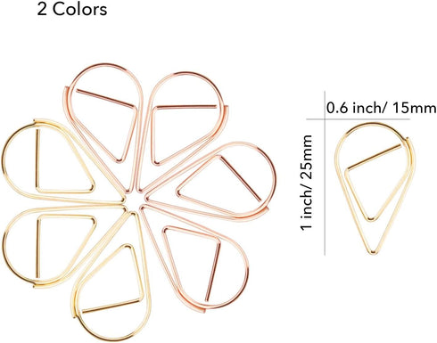 Gold and Rose Gold Cute Paper Clips Set, 300 Pcs, Smooth Stainless Steel, Tear-Shaped, Small for Office Supplies