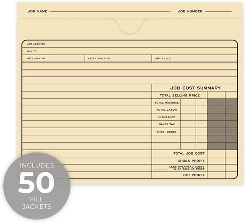Classic Professional Manila File Folder, 50 Preprinted Job Folders, 10" x 12", Task Cost Tracking, Made in USA