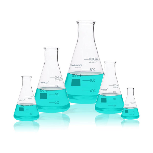 Narrow Mouth Graduated Glass Erlenmeyer Flask Set | 1pc of Vol.50 150 250 500 1000 ml, 3.3 Borosilicate Glass