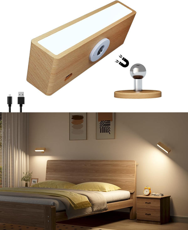 DetarZinLED Wall Lights Battery Operated Wooden,Magnetic Wall Sconces Rechargeable,Adhesive Wall Lights for