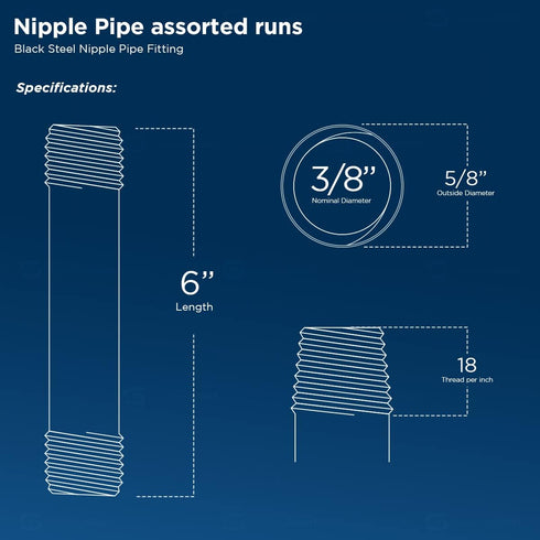 Everflow Supplies NPBL3860-5 Black Nipple Pipe, 1/8" x 6"