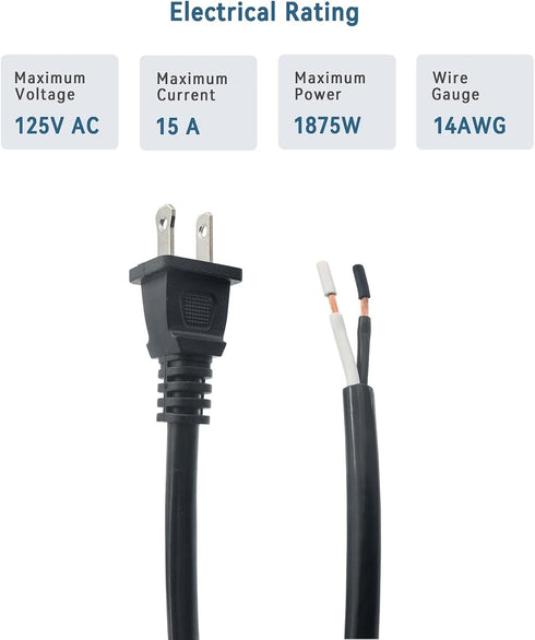 14 Gauge Replacement Power Cord, 2 Prong 6.46Ft Cable for Appliance, NEMA 1-15P 110V 115V 120V Pigtail