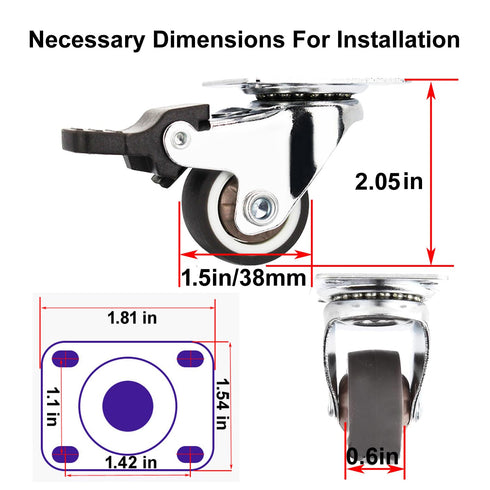1.5" Caster TPR Wheels 4 Pack with 360 Rotation Top Plate Swivel Soft Rubber Castors Mute Durable for Furniture Table and Toolbox Load Capacity 220 Lbs 2 with Brake and 2 Without