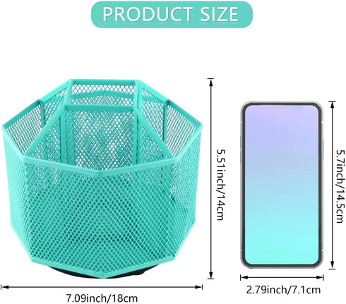 Rotating Pencil Holder - Pen Holder for Desk - 360 Degree Rotating Pen Caddy Holders Desk Organizer with 5 Compartments - Mesh Desktop Stationary Organizer for Home, Office with 10 Clips (Green) by EZESO ESSENTIAL SKINCARE