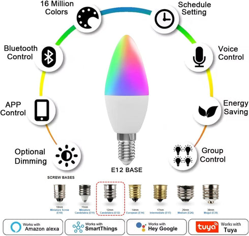Bulbs 60W 450LM 5W Bulb 16 Bulb, 2.4G (E12) (1) Candelabra Smart Light Equivalent, LED Compatible with Alexa/Google