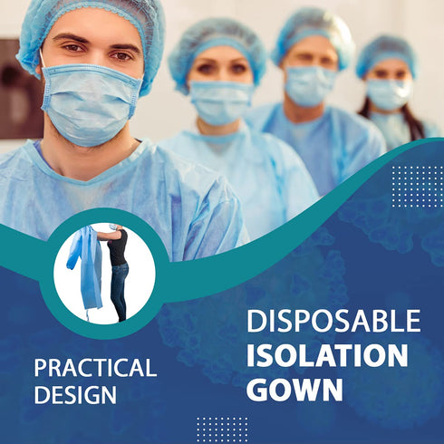 10 Pack Disposable Isolation Gowns - Blue Level 2 SMS 40gsm Non-Woven Material for Medical Use, Universal Size