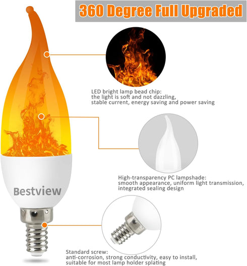 Bulbs,3 Bulbs, E12 Bulb -2 Pack Bestview LED Flame Effect Light Modes Flickering Light Smart Chandelier Base Candle