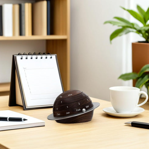 Wooden Rotating Perpetual Desk Calendar with Vintage Earth and Planet Design, Minimalist Office and Home Desktop