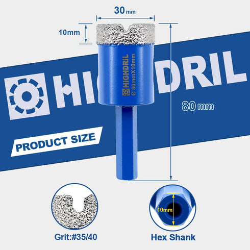 HIGHDRIL Dry Diamond Tile Drill Bit, 1-9/50" (30mm) Diameter, Hex Shank for Porcelain Ceramic Granite Marble