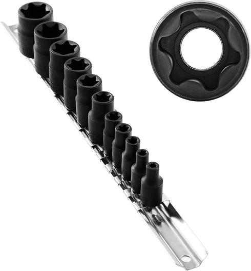 11PCS Female Torx Socket Set with Rail, E-Torx Socket Set for 1/4" and 3/8" Drive, E4 - E20