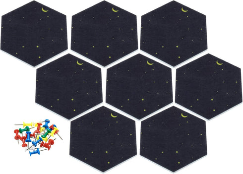 PATIKIL Hexagon Felt Board Tiles, 8 Pack, Self Adhesive Mini Moon Wall Pin Bulletin Board with Push Pins for Home Decor