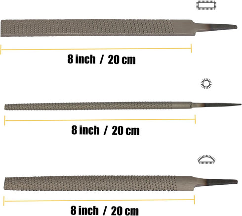 3-Piece 8" Wood Rasp File Set, Includes Flat/Half-Round/Round. For Woodworking & Sharping Wood