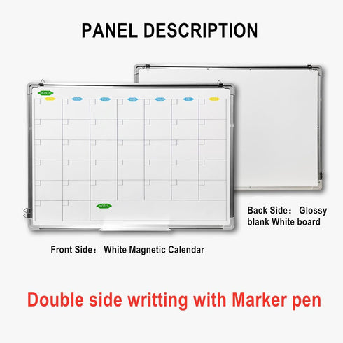Double Sided Magnetic Monthly Calendar Dry Erase Board, 24 x 18 Inches, Wall Hanging Aluminum Frame