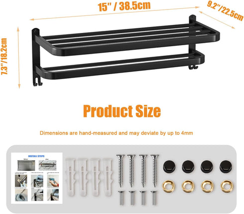 15 Inch DDS-DUDES Black Towel Racks for Bathroom Towel Shelf with Double Towel Bars Lavatory Wall Mount Holder