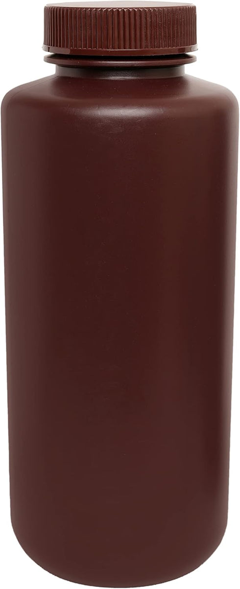 EISCO Amber Reagent Bottle, 1000mL - Wide Mouth with Screw Cap - HDPE for Labs