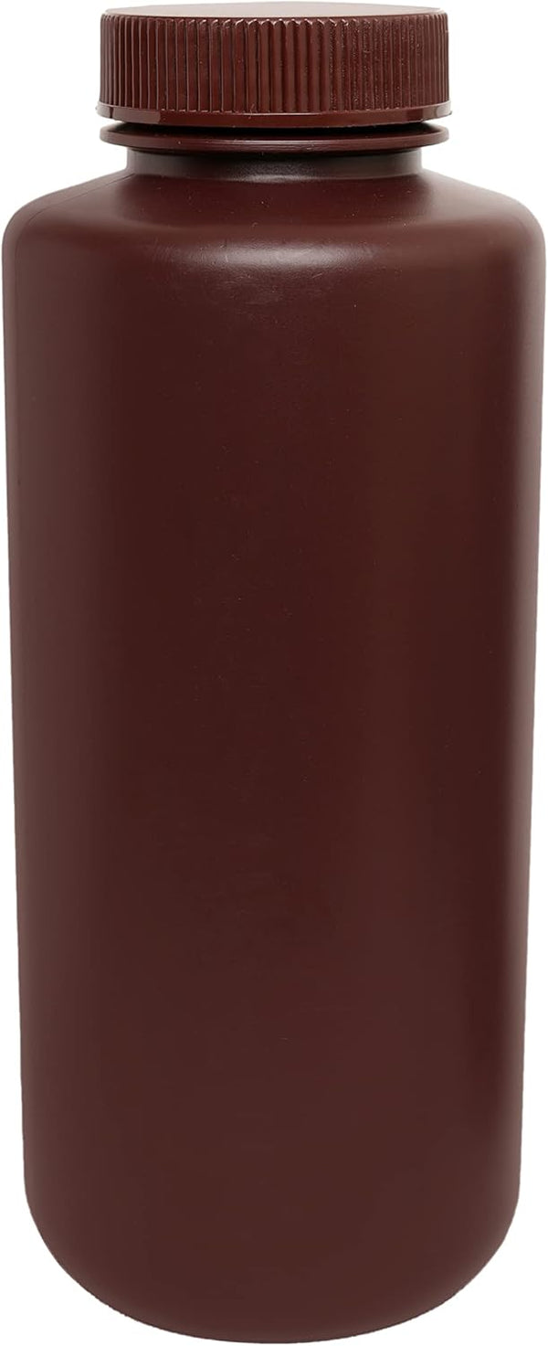 EISCO Amber Reagent Bottle, 1000mL - Wide Mouth with Screw Cap - HDPE for Labs