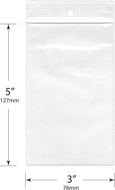 Plymor 3" x 5" Reclosable Plastic Bags (Case of 1,000) - 2 Mil with Hang-Hole Zipper