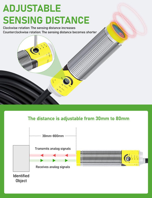 Switch,IP65 M16, 3 Wires,12V/24V Input(10-30VDC), 3cm 80cm DIHOOL Photoelectric Proximity Sensor, Laser Motion