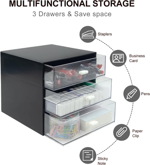 Desk Organizer with Drawer, Desk Storage Box, Plastic Office Stationery Supplies Organizers, Desktop Organizer for Office School Home (3 drawer, Black) by Zuiaso