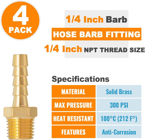 SUNGATOR 1/4 Inch Hose Barb Fittings, Brass Air Hose Fittings, 4 Pack for Compressor Repair Kit