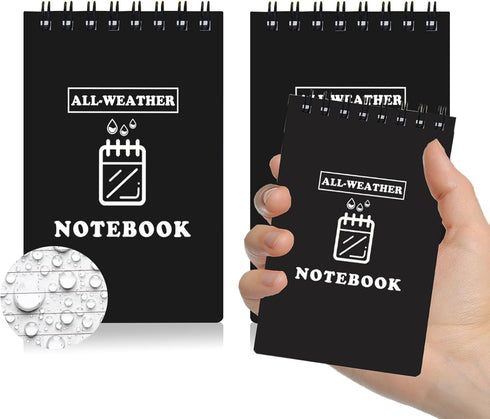WAFJAMF Waterproof Notebook, 3" x 5" All Weather Pocket Notepad, 80 Waterproof Lined Pages, Black - 2 Pack