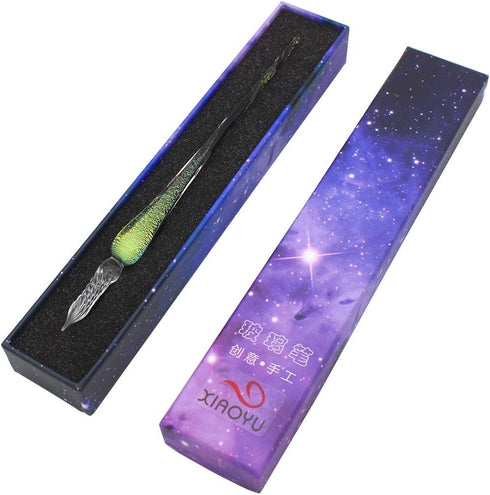 XIAOYU Vintage Handmade Glass Dip Pen, Starry Sky Crystal Dip Sign Pen, Gift Calligraphy Pen
