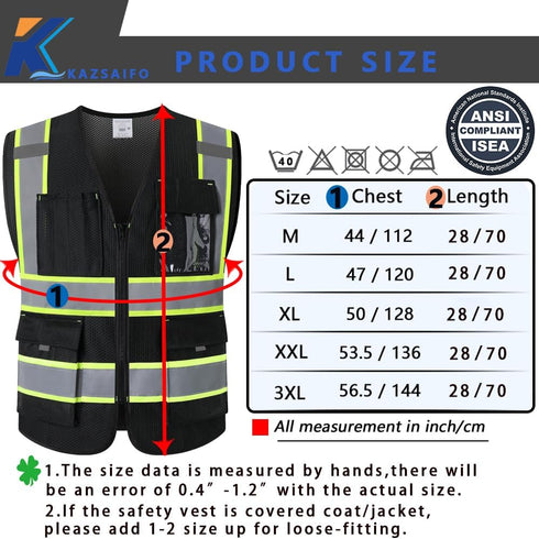 High Visibility Safety Vest for Men Women with 9 Pockets and Zipper Front Reflective Mesh Safety Work Vest Hi Vis Construction Vest Meets ANSI/ISEA Standards(KZ176-Black-L)