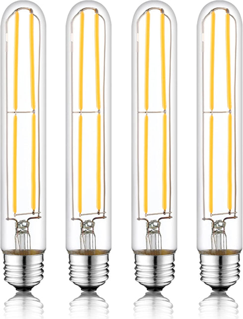 7.3 Inch E26 LED Bulb, 60 Watt Dimmable, 3000K Warm White, T10 Long Clear Glass, 4 Pack