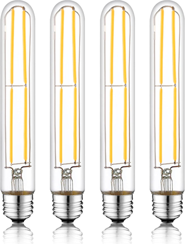 7.3 Inch E26 LED Bulb, 60 Watt Dimmable, 3000K Warm White, T10 Long Clear Glass, 4 Pack