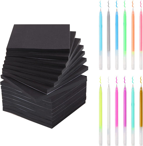 Black Sticky Notes (16 Pack), 3 x 3 Inches with Gel Pens for Black Paper (12 pens), Suitable for Families, Schools,