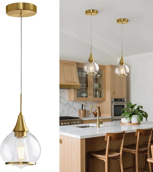 Pendant Light Fixtures Kitchen: Brushed Gold Farmhouse Island Light with Clear Glass