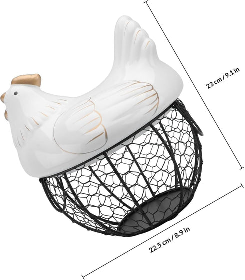jojofuny Portable Chicken-shaped Storage Basket with Lid, Iron Art Fruit and Vegetable Organizer Box, White with Gold