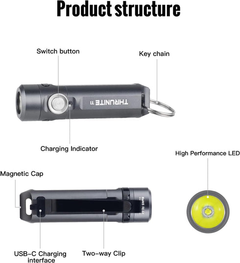 650 ThruNite Ti Mini Keychain Flashlight, USB-C Rechargeable EDC Pocket Light, Bright Lumens Small Keychain Gadget
