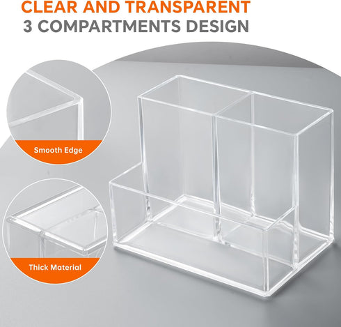 Clear Acrylic Pencil Holder for Desk, 3 Compartment Marker Organizer for Home, Office, Classroom, Bathroom