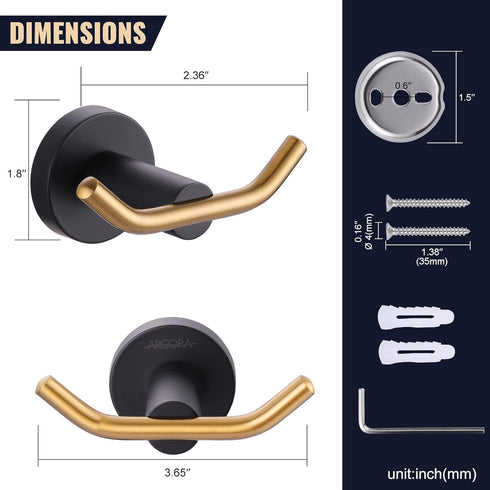 ARCORA Black and Gold Towel Hooks, SUS 304 Stainless Steel Double Wall Hooks for Bathroom, Heavy Duty Robe Hooks