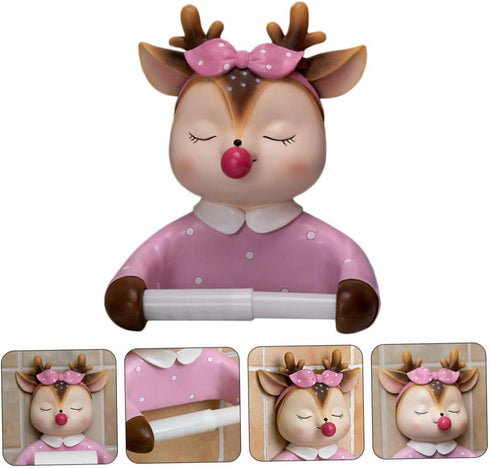 WOONEKY Wall-Mounted Pink Toilet Paper Holder Tissue Storage Rack Cute Deer Design Bathroom Roll Paper Rack
