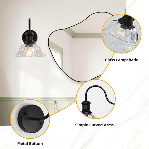 MKonpeny 1 Pack Bathroom Wall Sconce, Black Wall Lamp with Pressed Patterned Glass Lampshade, Farmhouse Wall Light