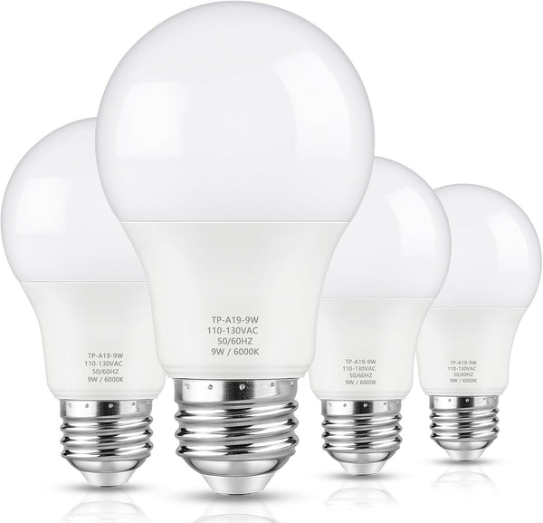 A19 LED Light Bulbs, 60 Watt Equivalent, 6000K Cool White, 850LM, Non-Dimmable, E26 Base, 4-Pack