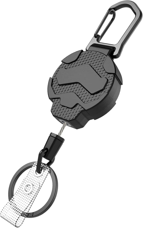 Retractable Keychain Badge Holder with Belt Clip, Heavy Duty Carabiner ID Badge Clip Reel, 32” Steel Cord, 1pcs Black