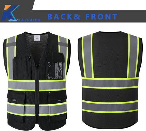 High Visibility Safety Vest for Men Women, 9 Pockets Zipper Front Reflective Mesh Work Vest, Meets ANSI/ISEA Standards