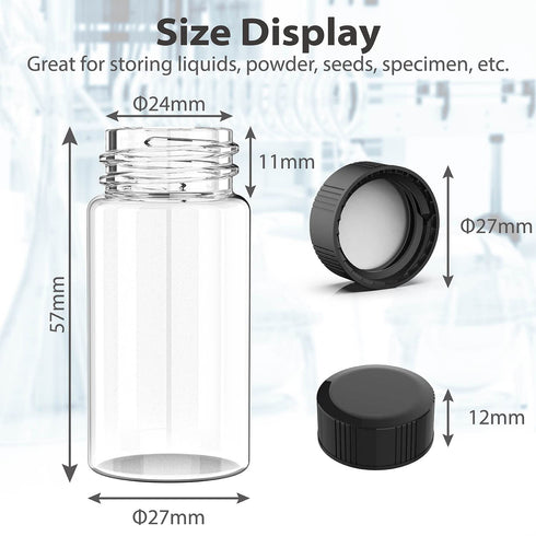 FOUR E'S SCIENTIFIC 100 Pack 20ml Clear Glass Sample Vials - 0.7Oz with Black PP Screw Caps for Lab and Essential Oils