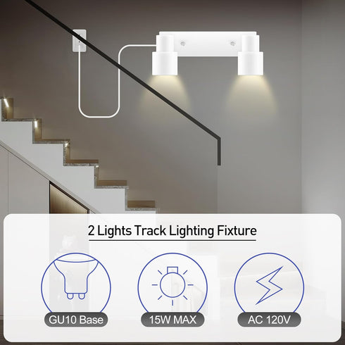 2-Light 2 Kitchen/Bedroom,Bulb Plug in Track Lighting Fixtures Ceiling, White Track Light LED, Track Lights with Cord
