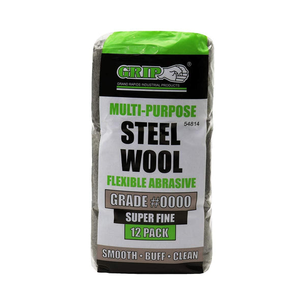 Grip Multi-Purpose Steel Wool, Flexible Abrasive 12 Pack (Very Fine #0000) for Buffing Furniture