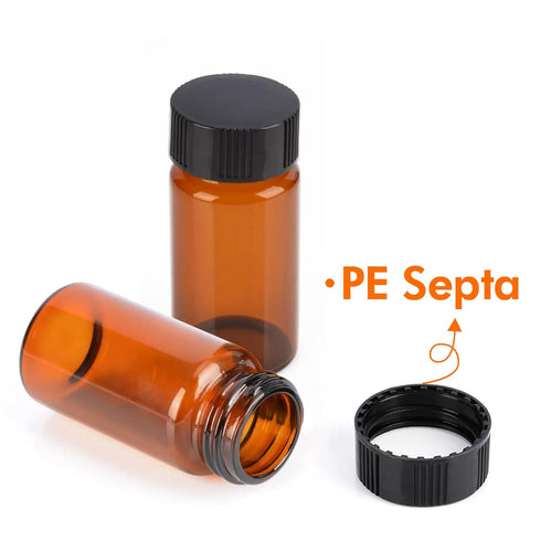 20 PCS 8ML (2 dram) Amber Small Liquid Sample Glass Vials with Screw Caps, Leak-Proof Vial, 15-425 Black Screw Cap with