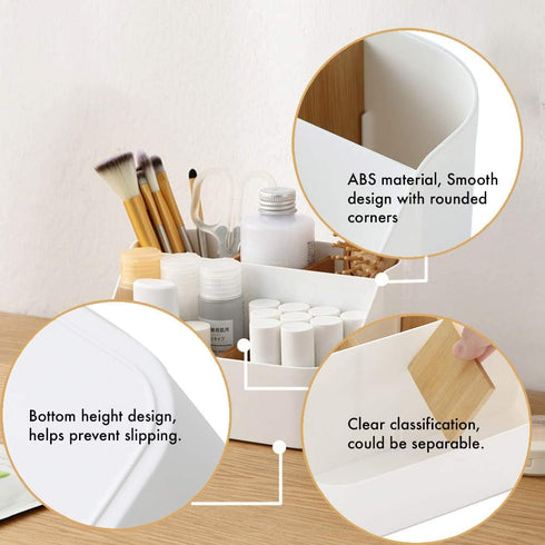Desk Organizer with 5 Compartments, Office Supplies and Accessories, Makeup Brush Holder, Movable Wooden Partition