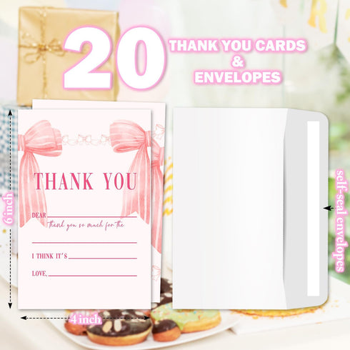 Zwsrplo 20 -09 Pink Bow Kids Birthday Party Thank You Cards Fill In the Blank, Thank You Cards for Kids Teen, Birthday