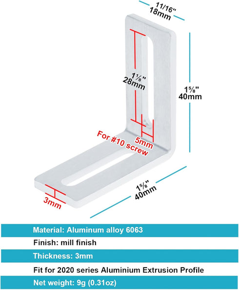 30 Pack 2020 Series Aluminum Corner Bracket, 1-5/8" x 11/16" L Shaped Connector, 3mm Thickness