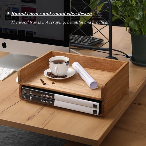 Wood Stackable Paper Trays for Office Supplies - 2 Set Wooden Desktop File Folder Holder Tray for Letter Document